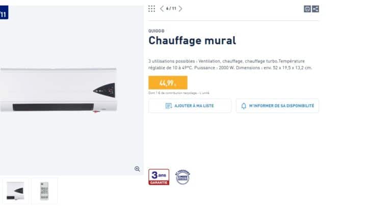 Chauffage mural Aldi Puissance : 2000 W au prix de 44€99